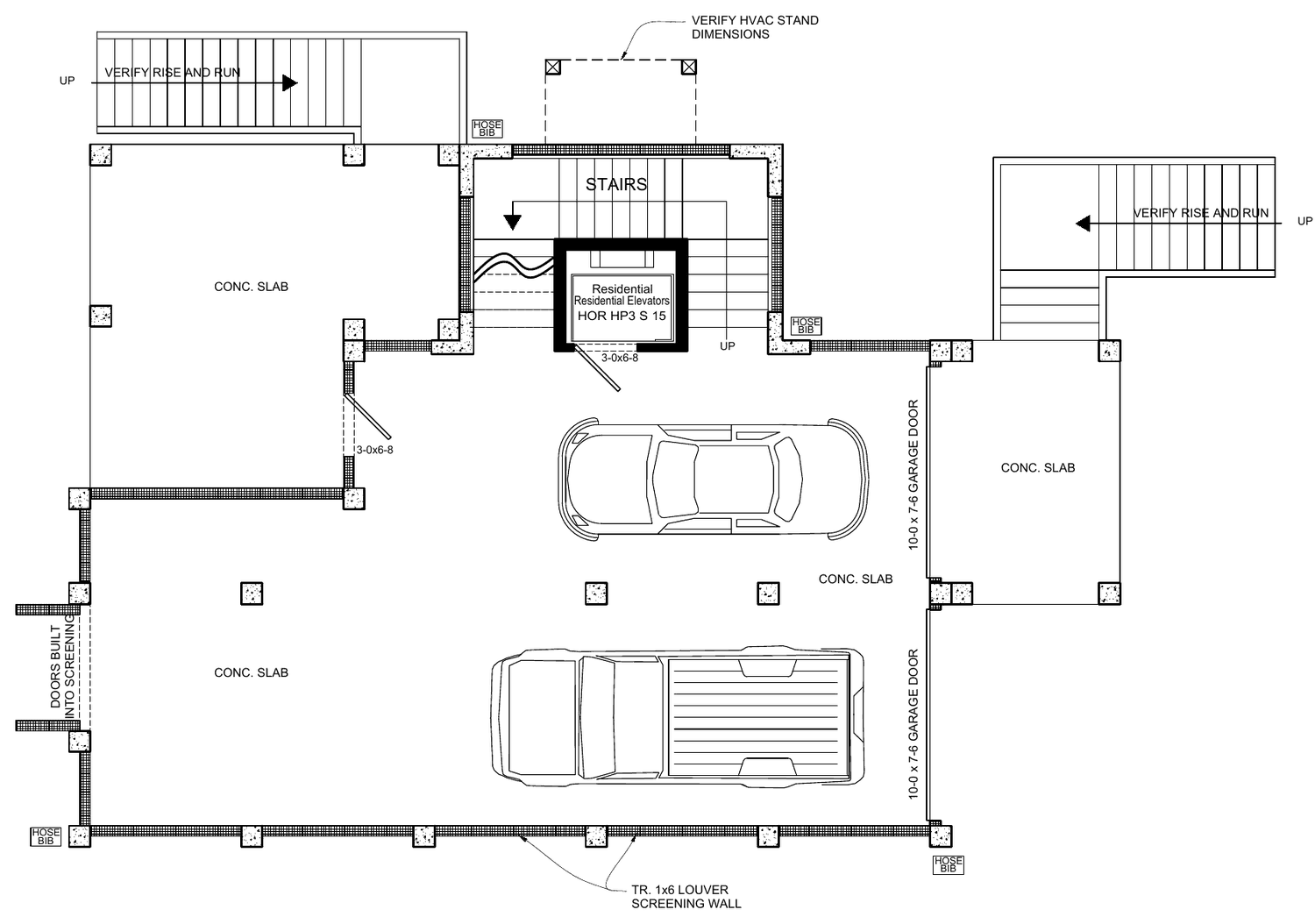 Ground level plan: drive-under parking for two cars, stair and elevator, concrete slab, louvered screening