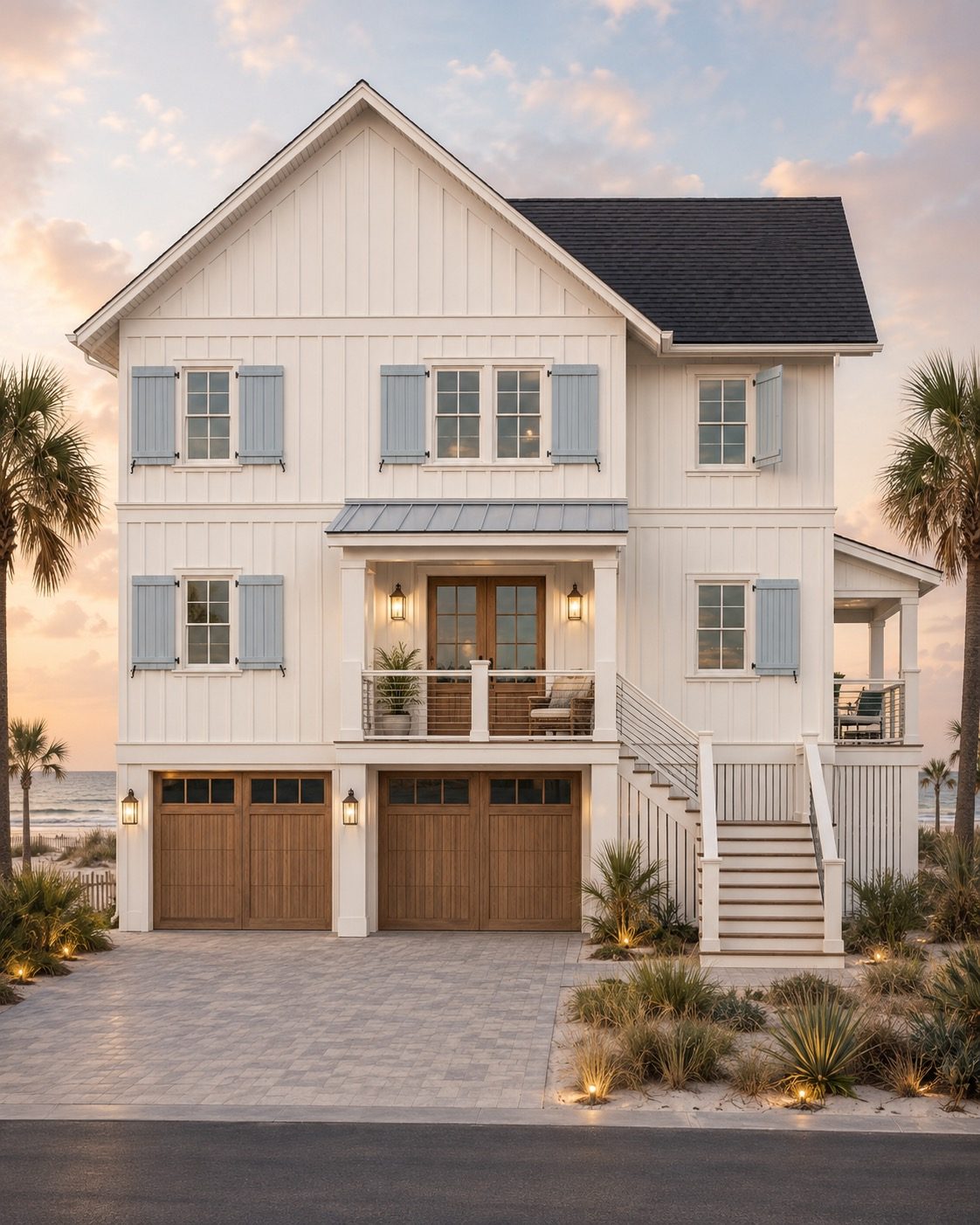 Rendering of the Cooper House at sunset: white board-and-batten siding, soft blue shutters, covered entry porch with a metal roof, and two wood garage doors under the house