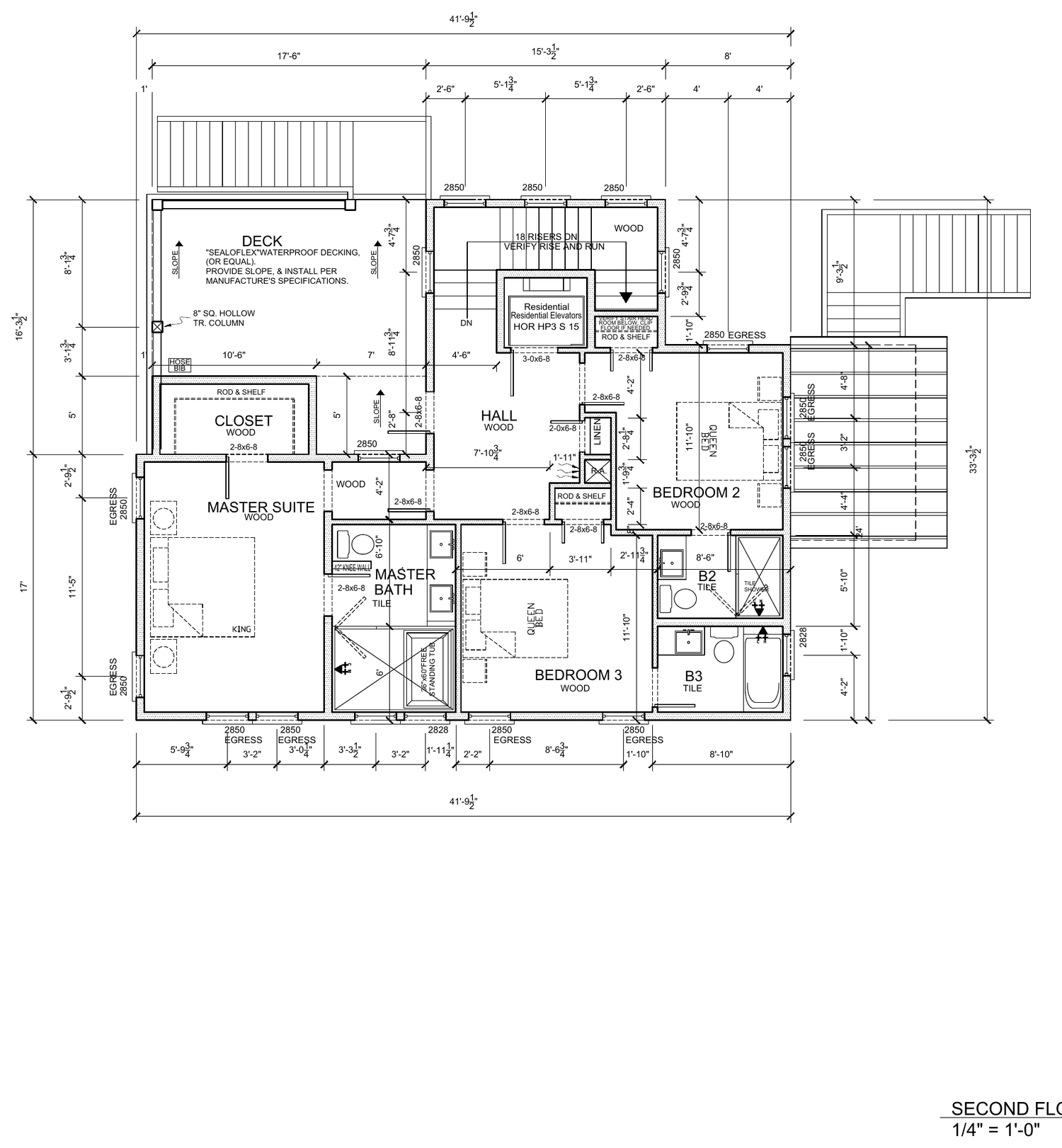 Second floor plan: primary suite with closet, bath and deck, bedrooms 2 and 3 each with a bath, hall and linen