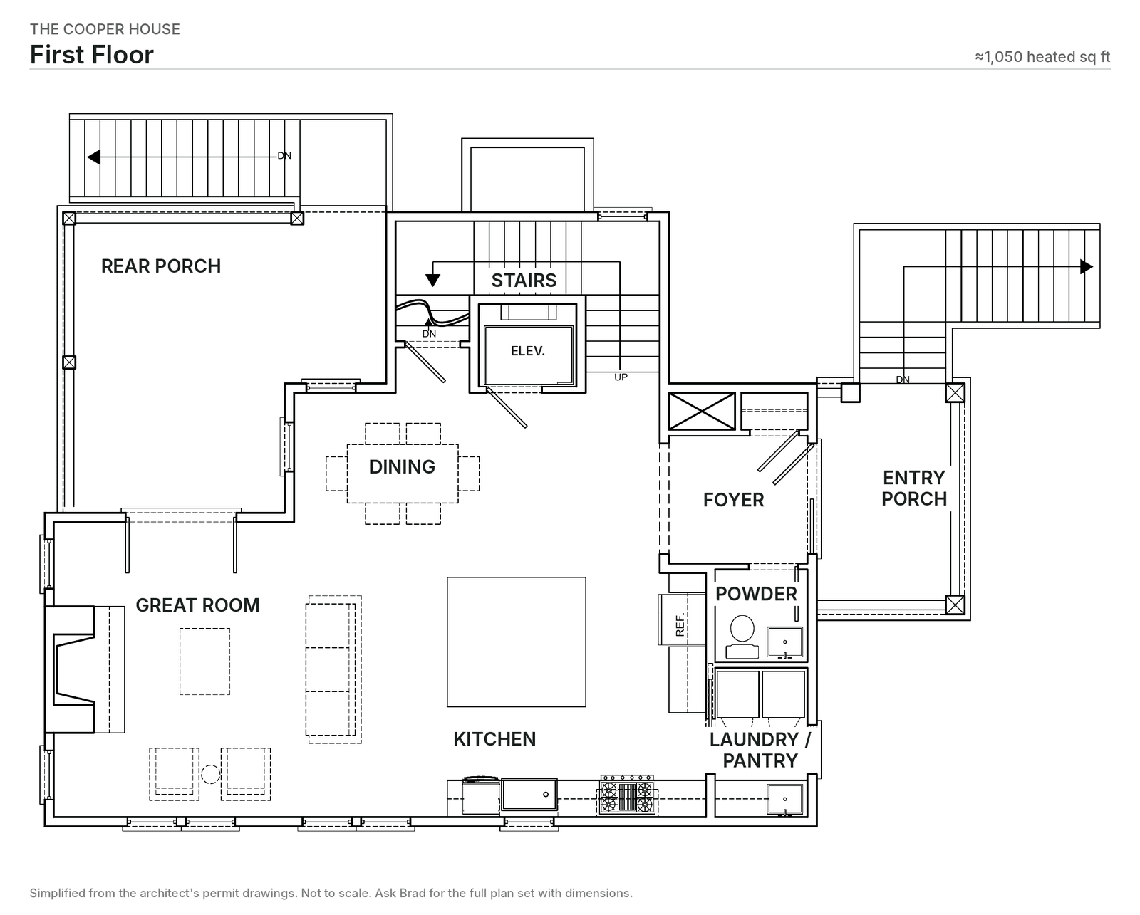 First floor plan: entry porch, foyer, great room with fireplace, dining, kitchen with island, powder room, laundry and pantry, rear porch