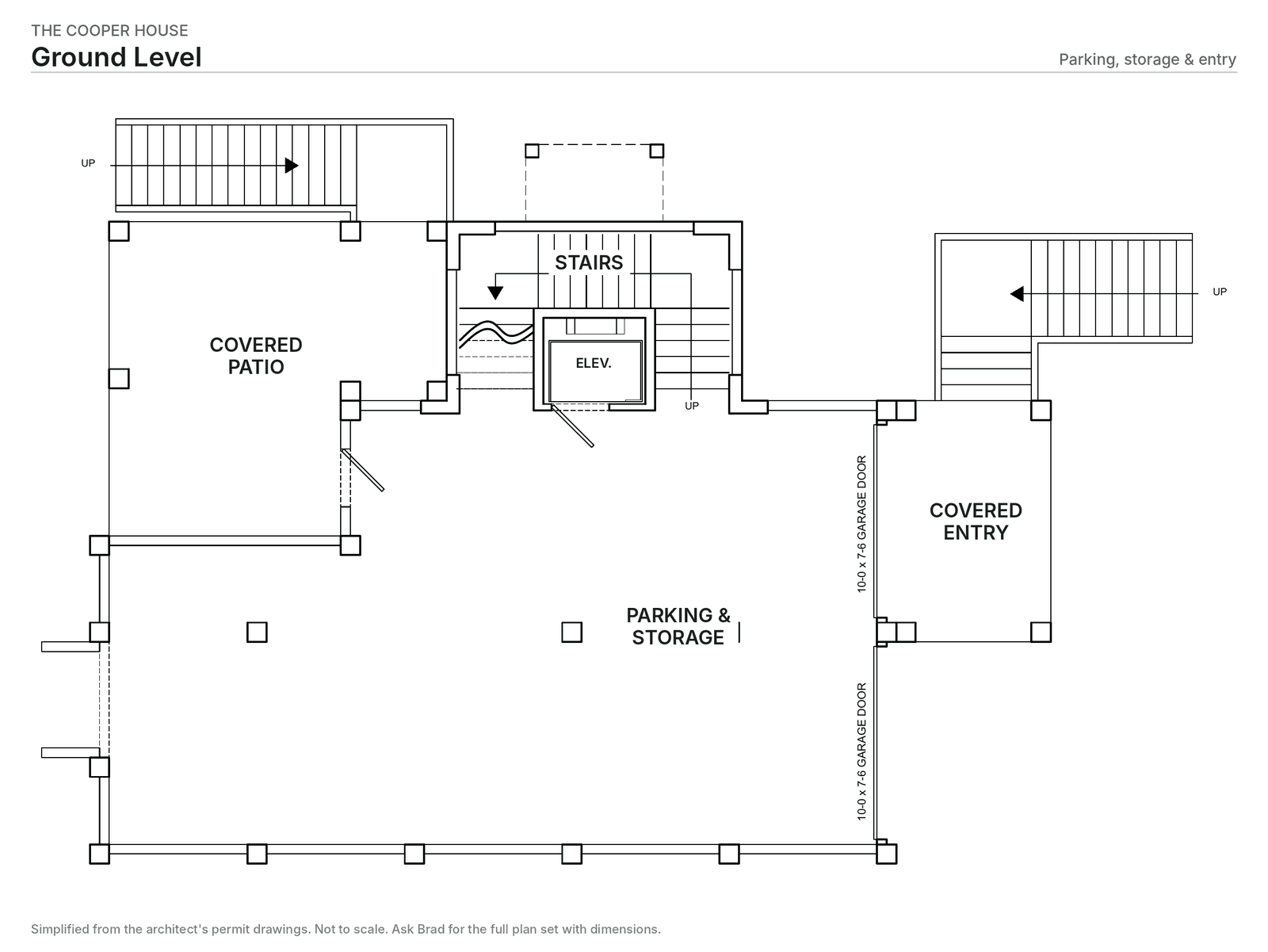 Ground level plan: drive-under parking for two cars, stair and elevator, concrete slab, louvered screening