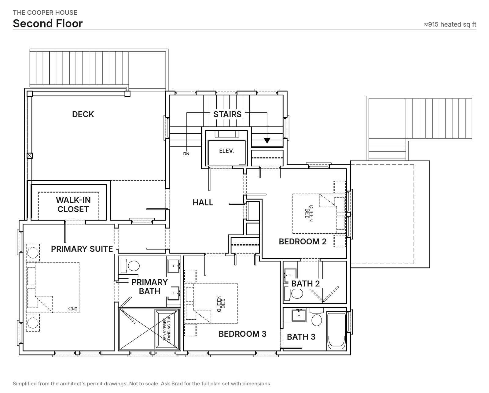 Second floor plan: primary suite with closet, bath and deck, bedrooms 2 and 3 each with a bath, hall and linen