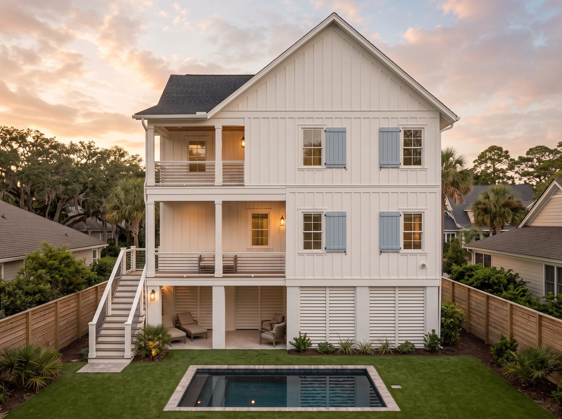 Rendering of the Cooper House backyard: rear porches, a small private plunge pool set in turf, and a wood privacy fence