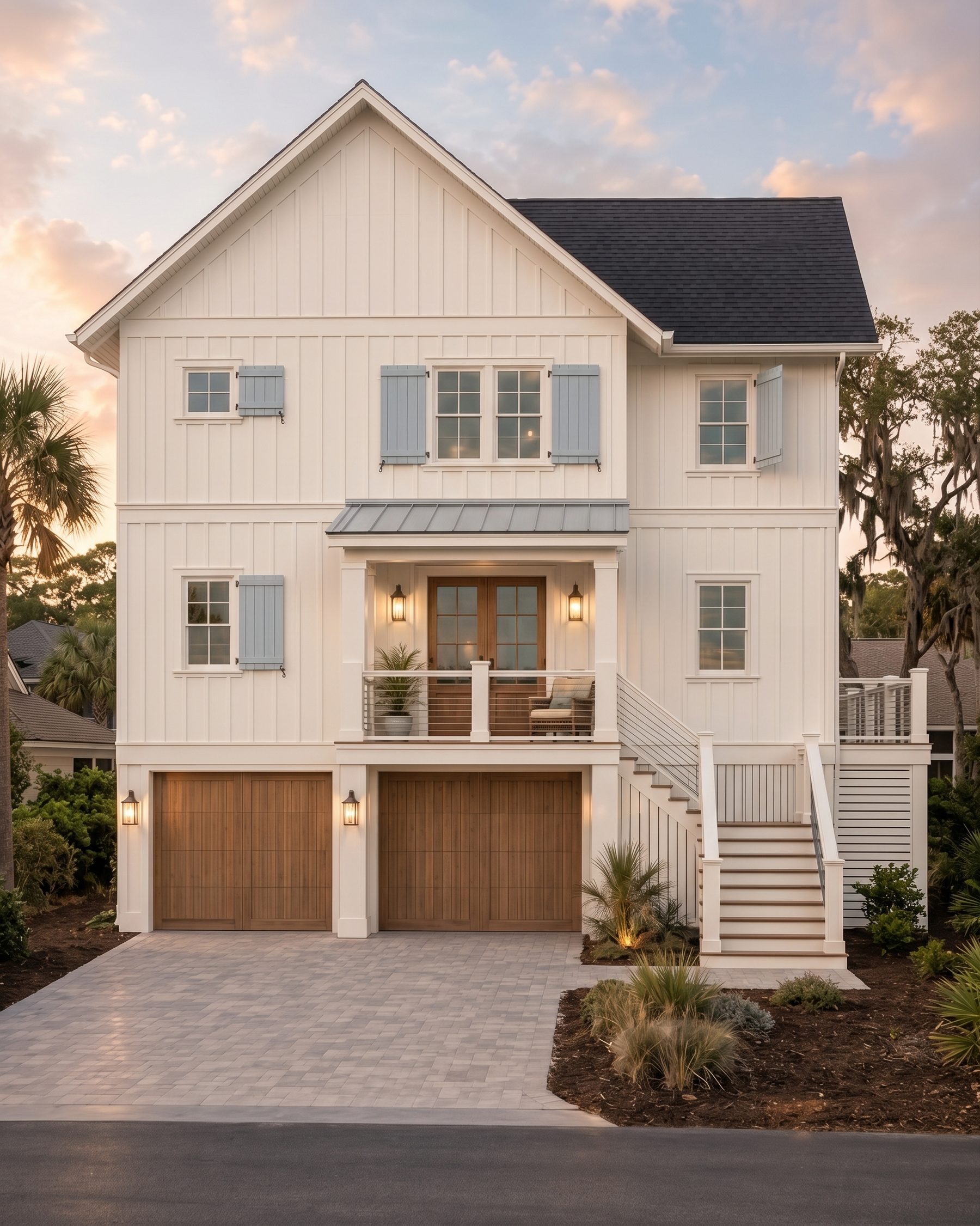 Rendering of the Cooper House at sunset: white board-and-batten siding, soft blue shutters, a covered entry porch under a standing-seam metal roof, and two wood garage doors under the house