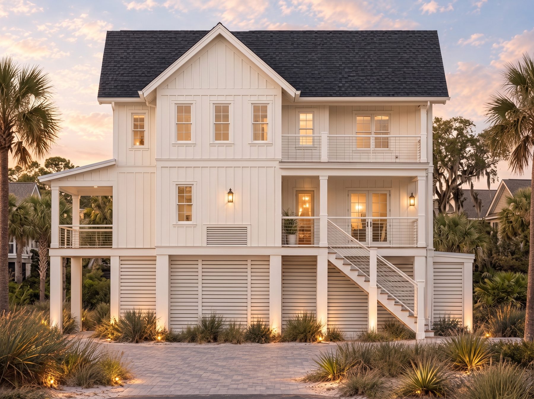 Rendering of the Cooper House from the side: board-and-batten siding, stacked covered porches, a stair from the yard and louvered screening at ground level